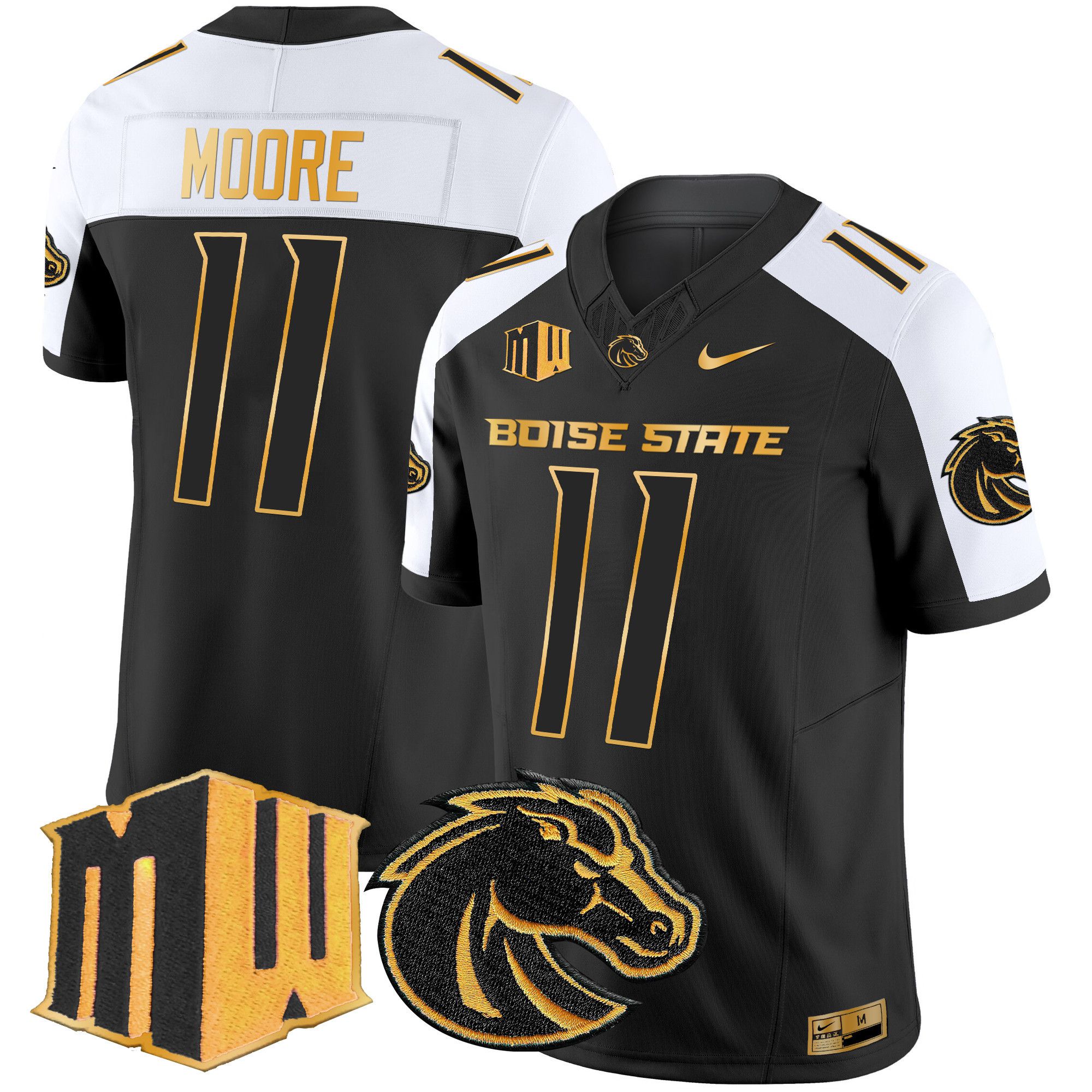 Men Boise State Broncos #11 Moore Black Nike 2024 Gold Vapor Limited NCAA Jersey style 2